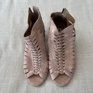 Dusty pink faux suede chunky heel open toe boots heels